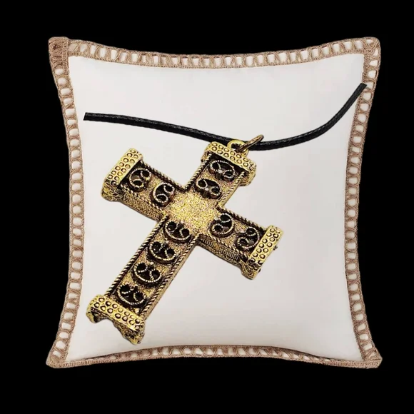 .Gold Plated Cross with a Beautiful Embossed Design and Black Leather Necklace - Picture 2 of 7